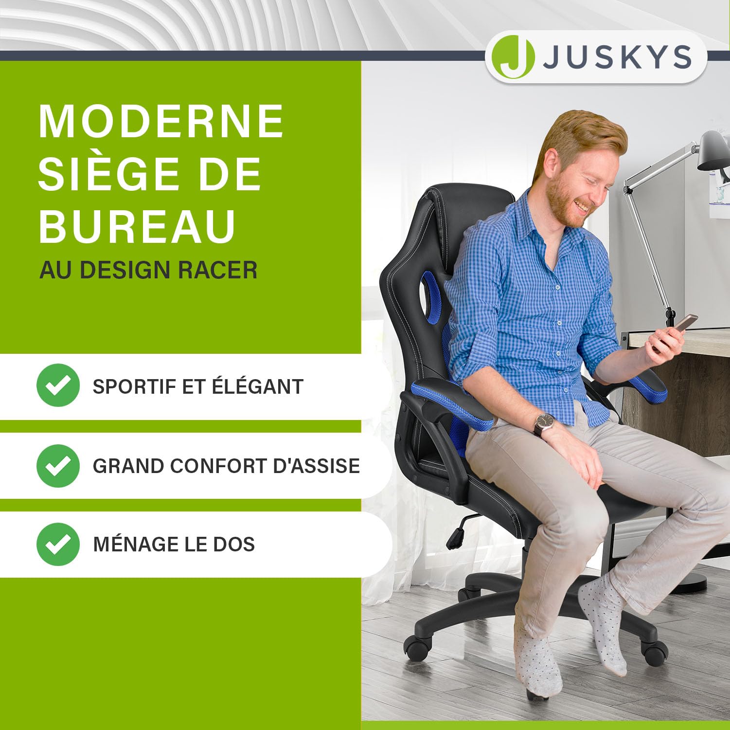 Juskys Chaise de Bureau Montreal Racing Chaise de Bureau Ergonomique réglable en Hauteur et rembourrée Chaise pivotante Chargeable 120 kg Chaise de Jeu PC (Bleu) (52D x 47W x 111H cm)