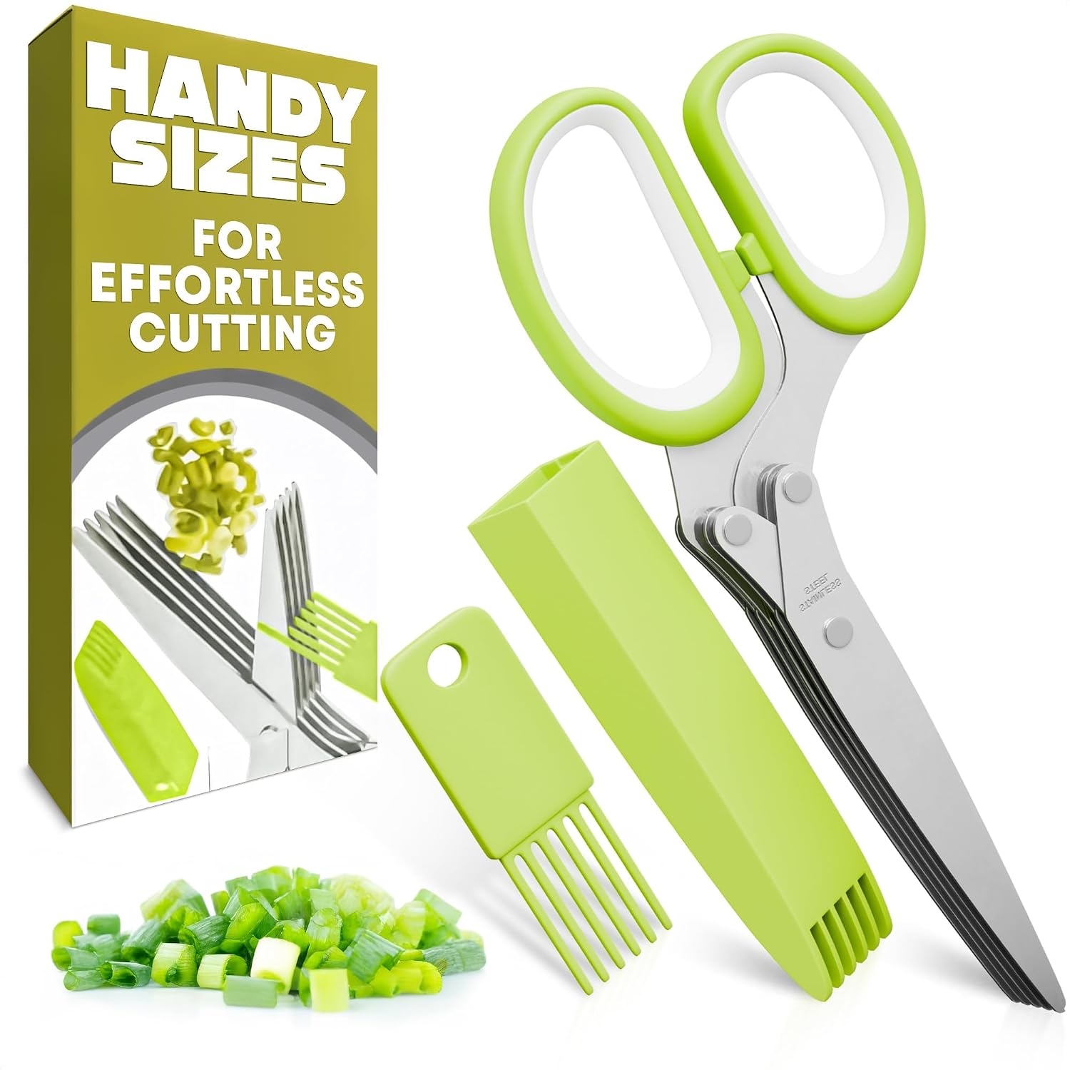 Herb Scissors with 5 Blades and Cover, Cleaning Brush, Even Cuts