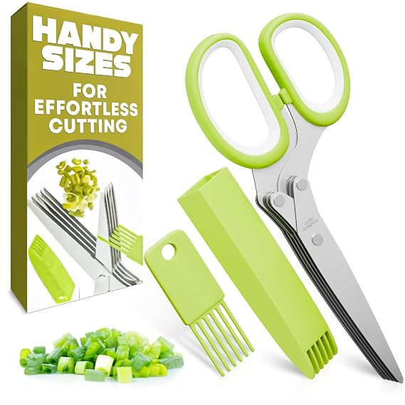 Herb Scissors with 5 Blades and Cover – Stainless Steel Herb Cutter with Ergonomic Handle and Cleaning Brush, Dishwasher Safe Design – 5x Faster Cutting of Cilantro, Parsley, Green Onion & Fresh Herbs