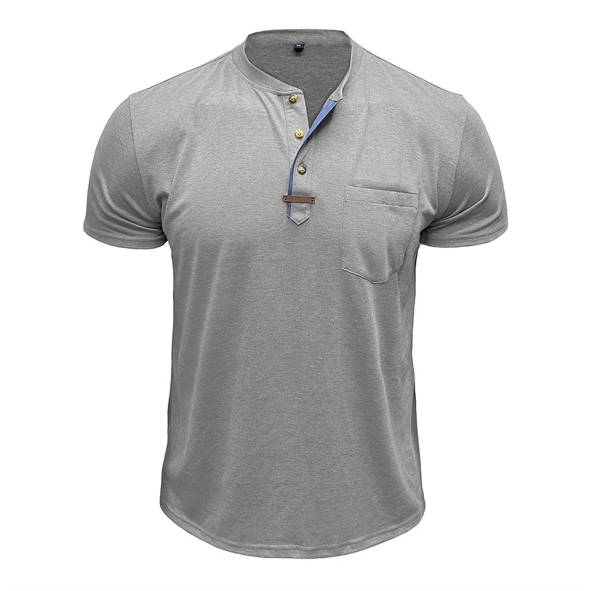 Men Round Neck Henry Collar Casual Shirt Quarter Button Chest Pocket T Shirt Summer Classic Sport Pullover Tops (Grey,Medium)