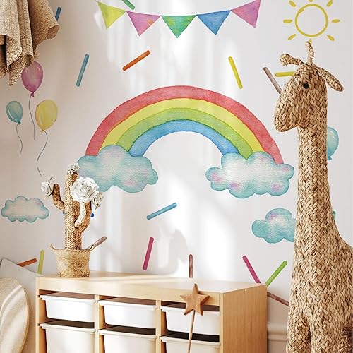 Miniatura 6 de Calcomanías de vinilo grandes para pared, diseño de arcoíris para despegar y pegar, precortadas gigantes y vibrantes acuarelas arcoíris para niñas,