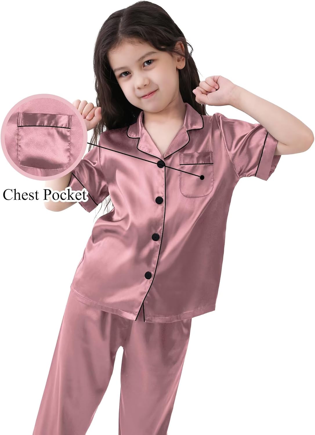 SWOMOG Girls Boys Silk Satin Pajamas Set Button-Down Two-Piece PJs Lounge Sets with Long Pants - Image 2