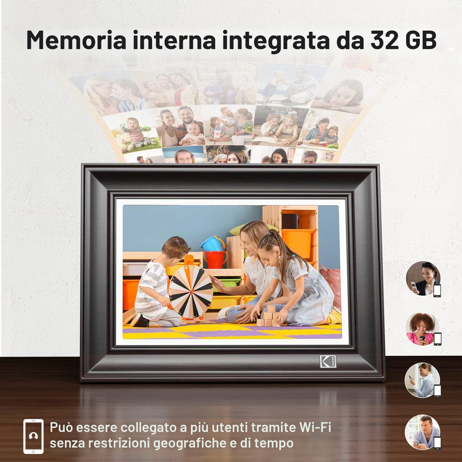 KODAK Cornice Digitale WiFi Cornice Foto Digitale 10 pollici, FHD 1920 * 1200 Touchscreen, Cloud Cornice Elettronica in Legno con Memoria da 32GB, Condivisione di Foto, Video e Musica via USB o App