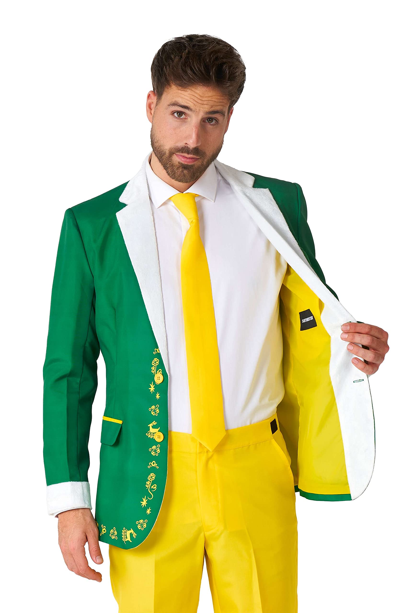 Suitmeister Herrenkostüm - Elf Weihnachten Halloween Outfit Set - Grün, Gelb - Enthält Weihnachtsblazer, Hose, Hut, Krawatte