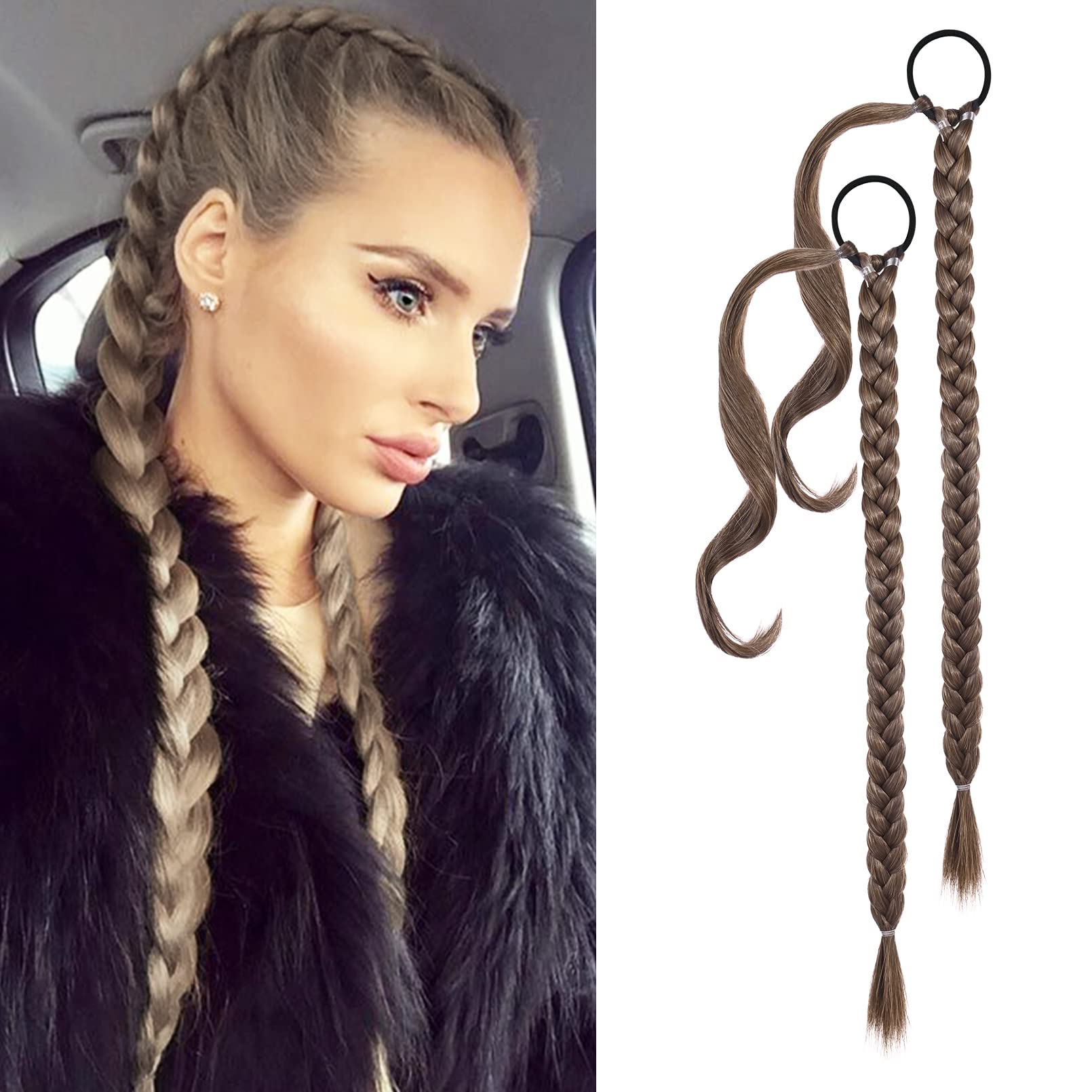 YOGFIT 2PCS DIY Braid Ponytail Extension, Long Straight Wrap Around Ponytail Hair Extensions Natural Soft Synthetic Hairpieces for Women Daily Wear