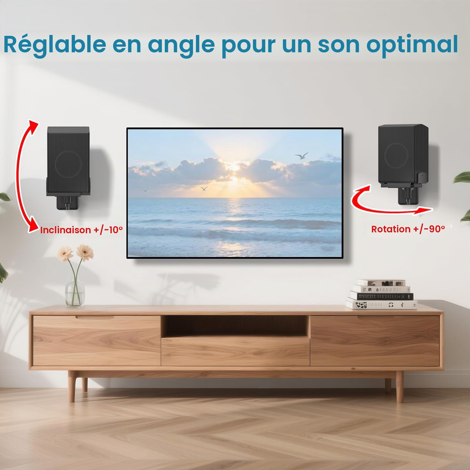Supports muraux réglables pour Enceintes d'étagère – morsets latéraux Doubles – pour Klipsch, Bose, Edifier, Yamaha, Polk, KRK – avec Serre-câbles – Lot de 2