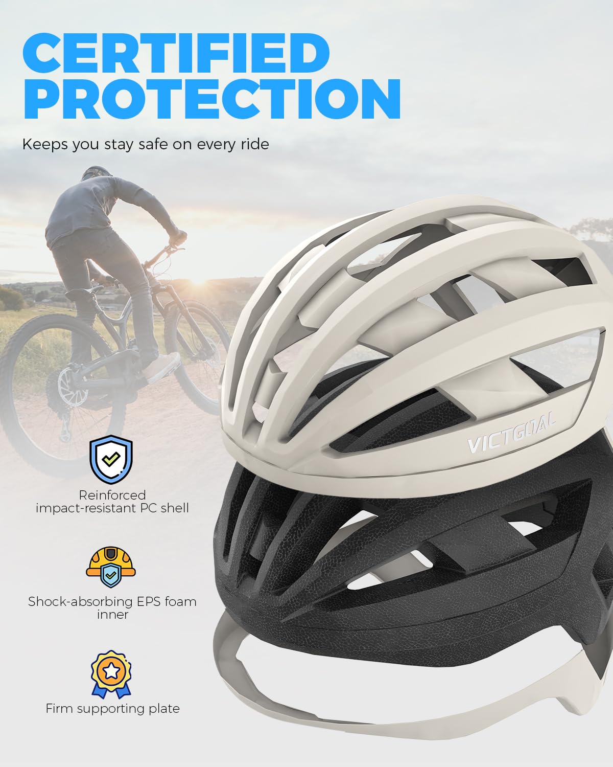 VICTGOAL Road Bike Helmet for Adult Men Women Lightweight Bicycle Helmet Adjustable Fit Breathable Mountain Bike Cycling Helmet (Beige, L: 57-61 cm)