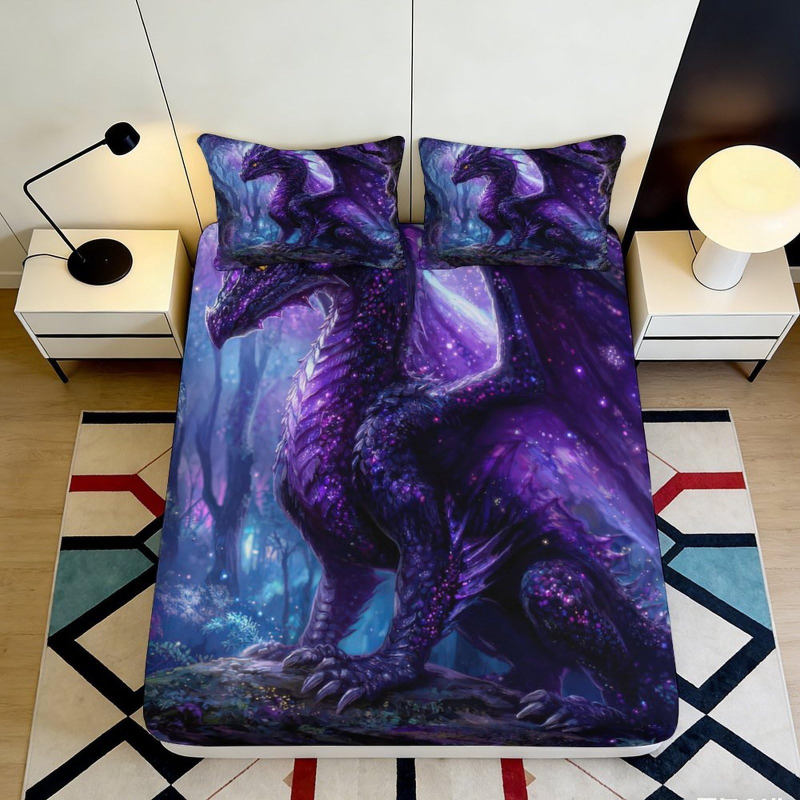 3D Printed Purple Dragon Fitted Sheet Microfiber Soft Breathable Cosmic Nebula Mattress Cover for Bedroom Dorm Dormitory Guest Room Protection Decor 160x200x25cm