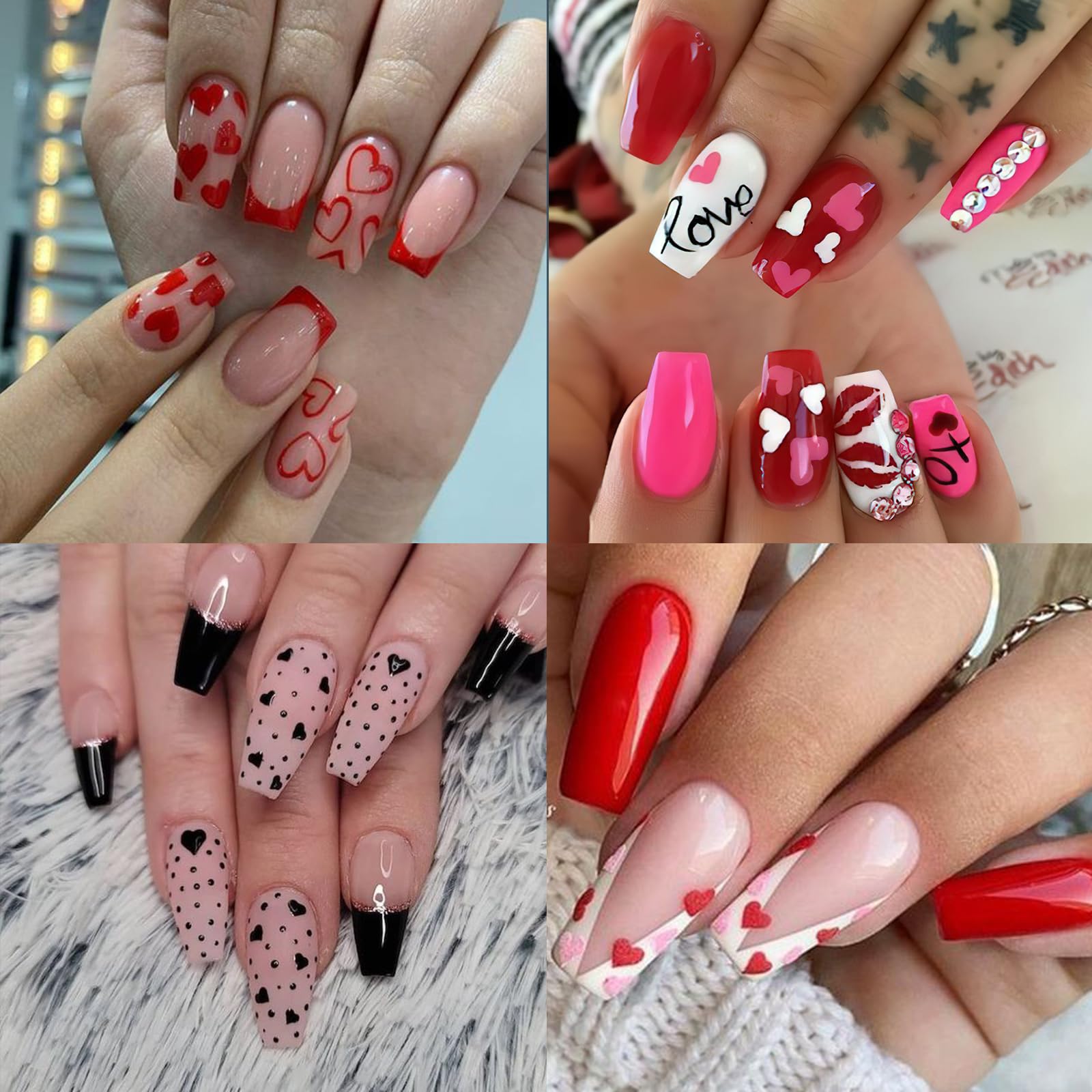 Heart Nail Art Stickers - 8 Sheets Valentine's Day Holographic Red & Black Nail Decals