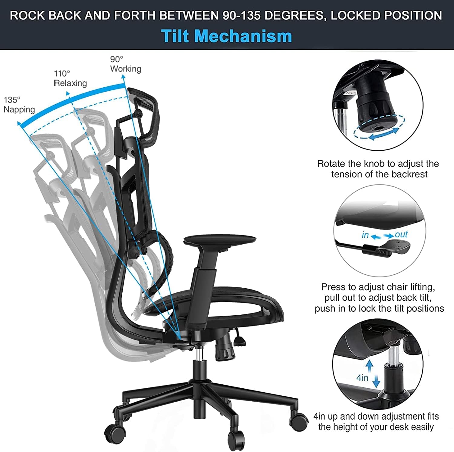 Ergonomic Office Chairs, Mesh Desk Chair with 3D Headrest, 5-Year Warranty Executive Chair with 2D Armrest, High Back Computer Chair, BIFMA Passed Task Chairs for Home Office, Black