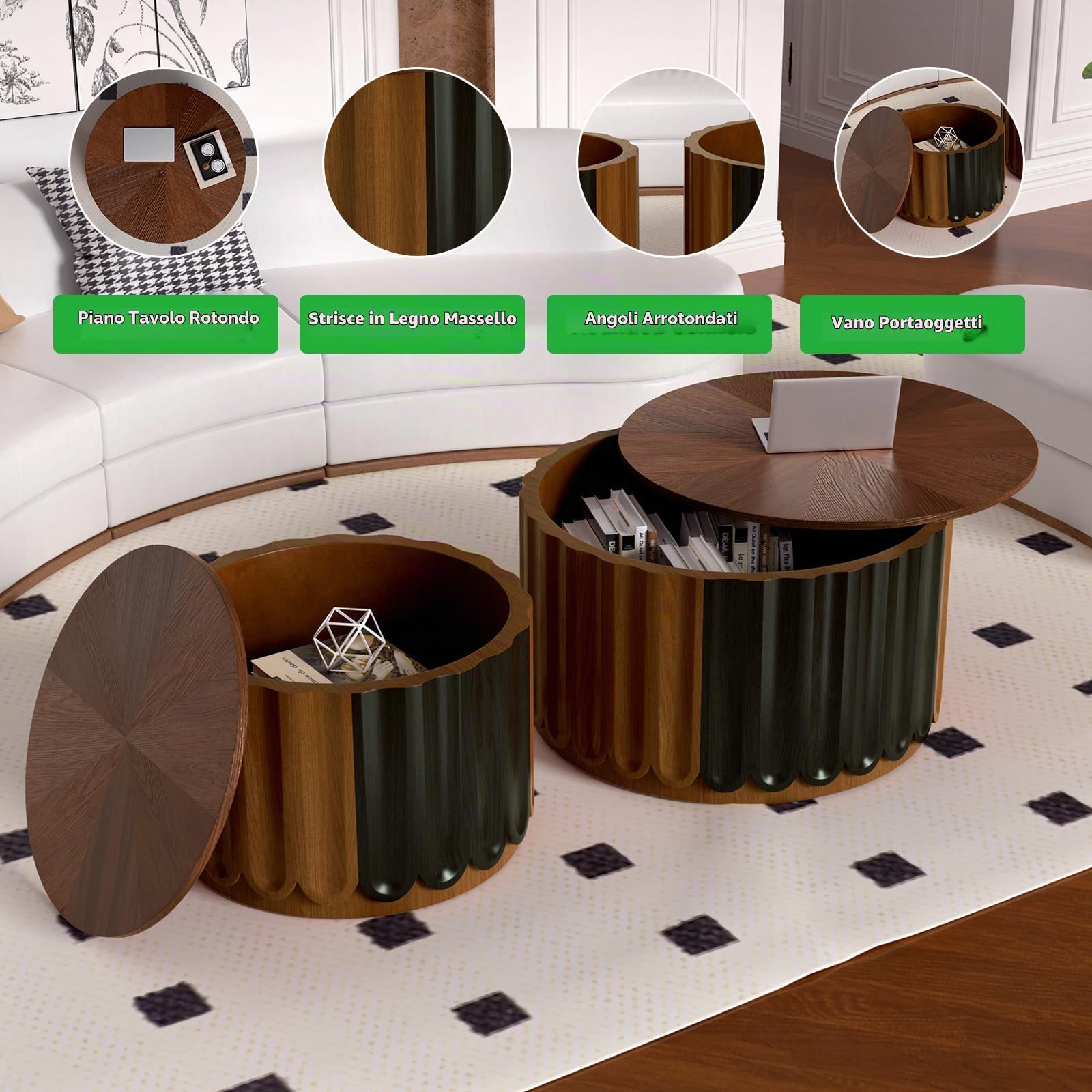Tavolini da caffè impilabili in Legno, Set da 2, tavolino da caffè Rotondo Moderno di metà secolo con Piedini Antiscivolo, per Piccoli spazi, Soggiorno, Camera da Letto,Q