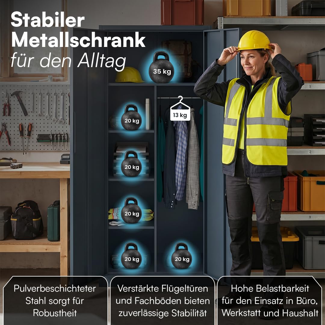 STEELSØN Regulus Metallschrank abschließbar – Garderobenschrank mit 6 Fächern und 1 Kleiderstange – Spind Schrank mit Doppeltüren – Mehrzweckschrank Anthrazit – Kleiderschrank Metall 175x40x80 cm