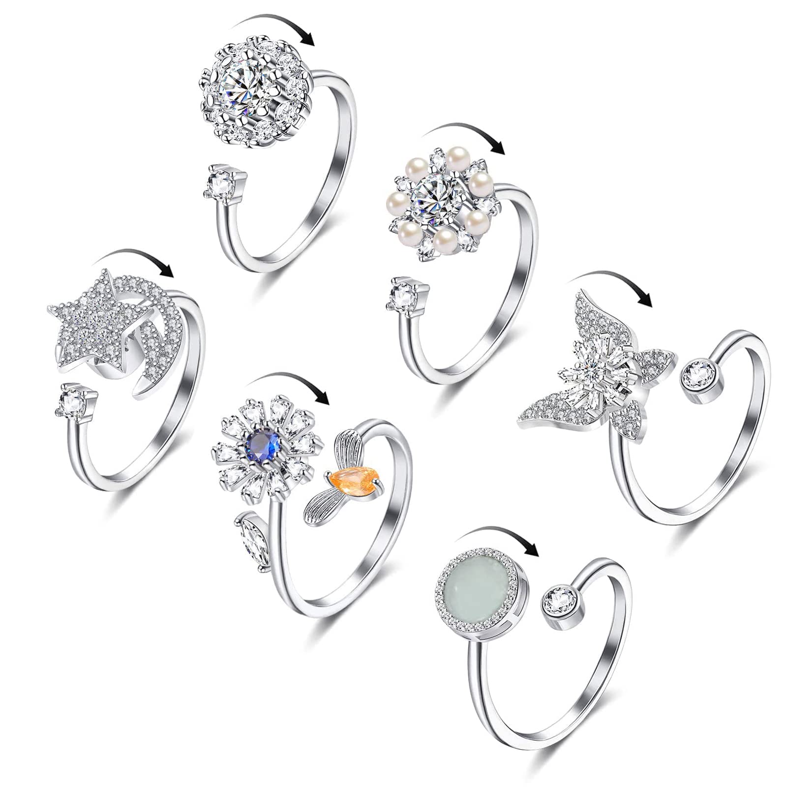 Honsny6Pcs Anxiety Fidget Ring for Women,14K Gold Open Adjustable Spinner Rings for Anxiety,Cubic Zirconia Bee Daisy Moon Star Anxiety Relief Ring Set for Women
