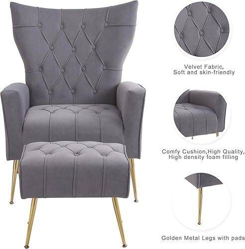 Miniatura 3 de Silla decorativa de terciopelo con otomana, silla tapizada con respaldo de ala, sillas decorativas modernas con patas de metal dorado para