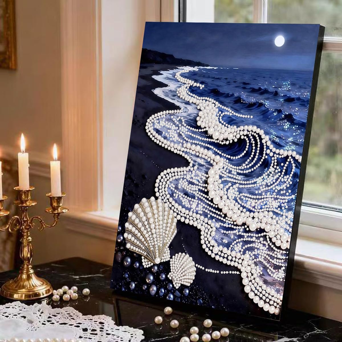 2 Pack Diamond Art Pearl Painting Kits for Adults, Ocean Waves Diamond Art Kits for Beginners, DIY 3D Beach Seashell Plastic Pearl Painting Kit for Home Wall Decoration (12×16 inch)