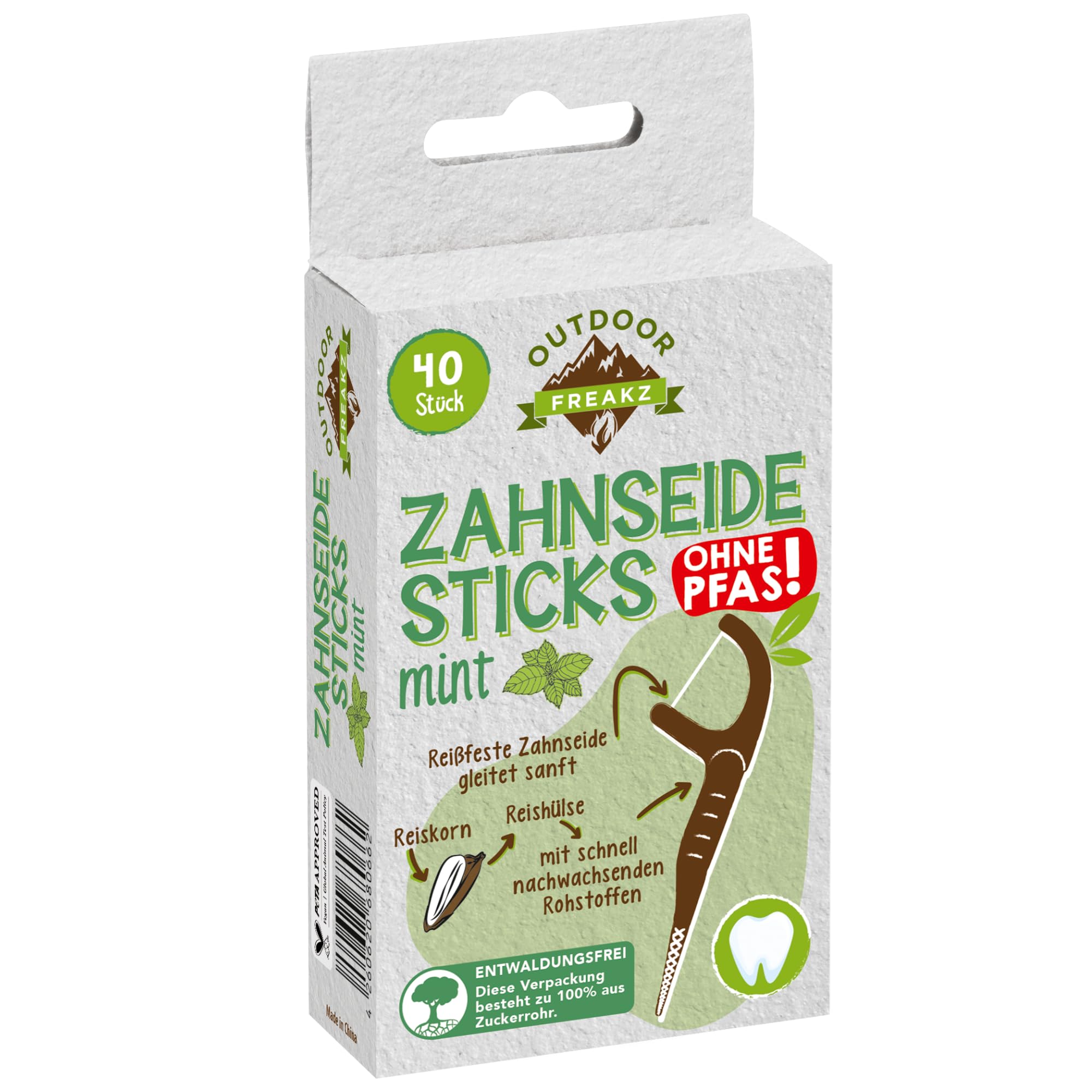 200 x Outdoor Freakz Zahnseide Sticks (jeweils 40 Stück), plastikfreie Verpackung, Sticks aus 50% Bio-Kunststoff auf Basis von Reishülsen