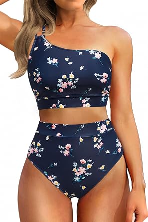 Women High Waisted Bikini One Shoulder Two Piece Full Coverage Swimsuits