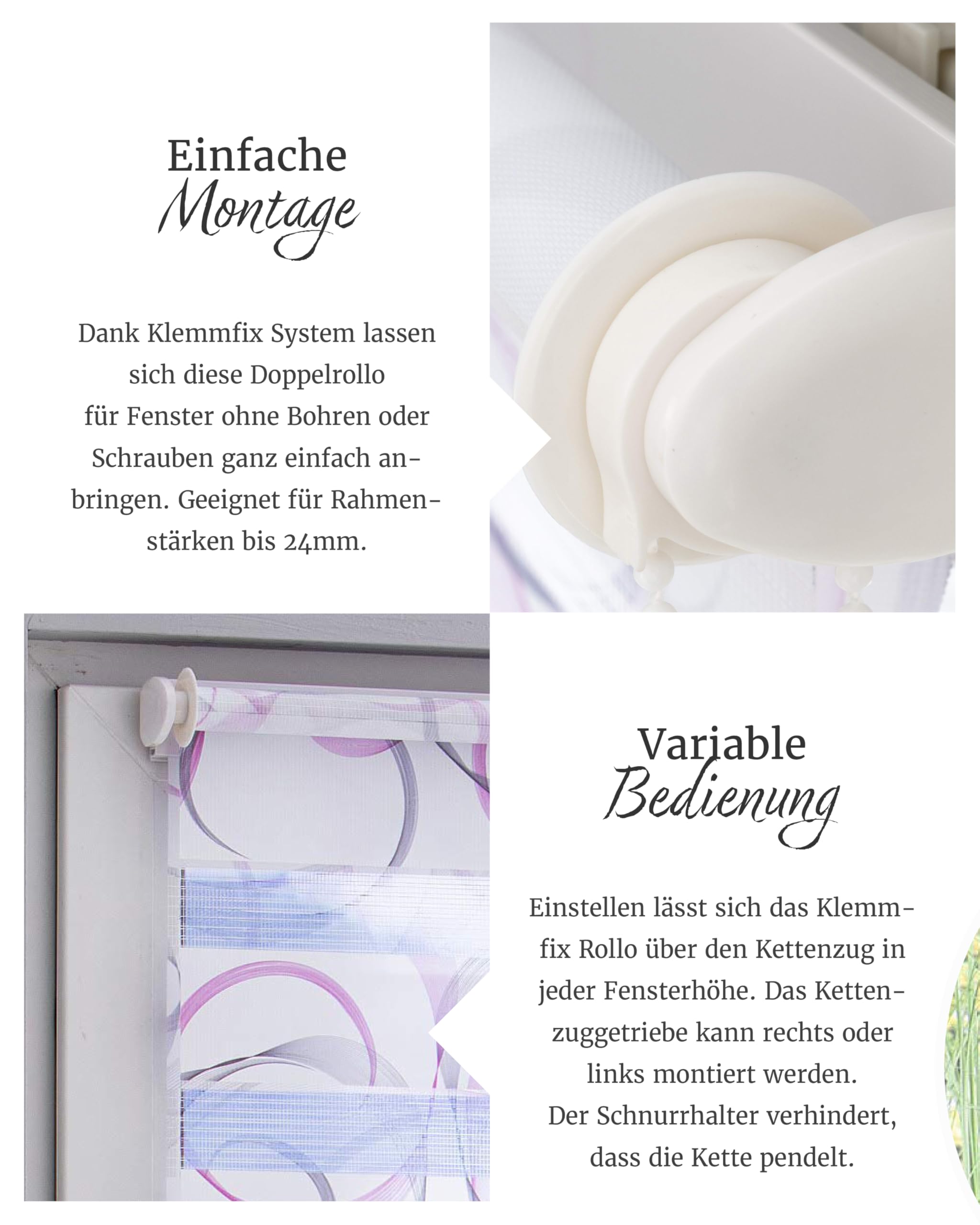 by Garesa Duo Rollo Swing - Doppelrollo Klemmfix ohne Bohren 90 x 150 cm, Weiß/Grau/Fuchsia - Fenster Sichtschutz und Lichtschutz, Bedienung mit Kettenzug