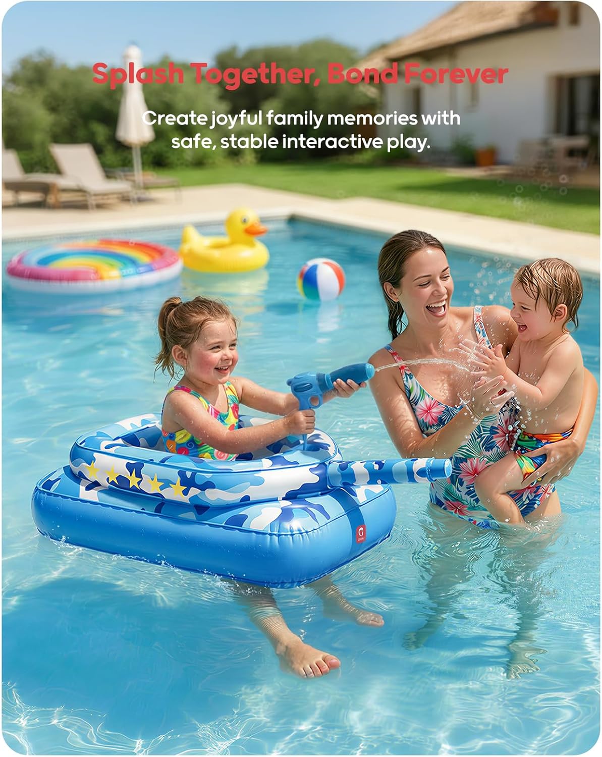 QPAU Inflatable Tank Pool Float for Adults & Kids – Ride-On Camouflage Floaty with Water Cannon, Swim Raft Toy for Boys Girls, Lake Beach Backyard Party Floaties