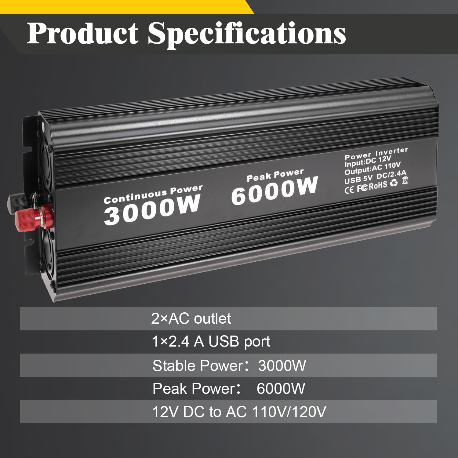 3000W Power Inverter Peak Power 6000W 12V DC to 110V 120V AC Converter with USB Port, 2 AC Outlets, 1 Pair Battery Cables, LCD Display for Vehicles Car Outdoor RV Boat Camping Emergency
