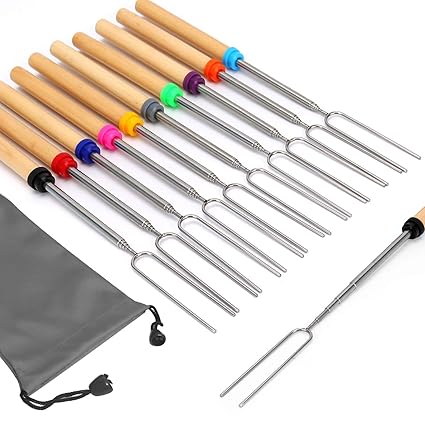 Kelfuoya Marshmallow Roasting Sticks Set of 10 Smores Skewers Extendable Forks 32 Inch Wooden Handle Roasting Sticks for Hot Dog Campfire Camping Stove BBQ Tools
