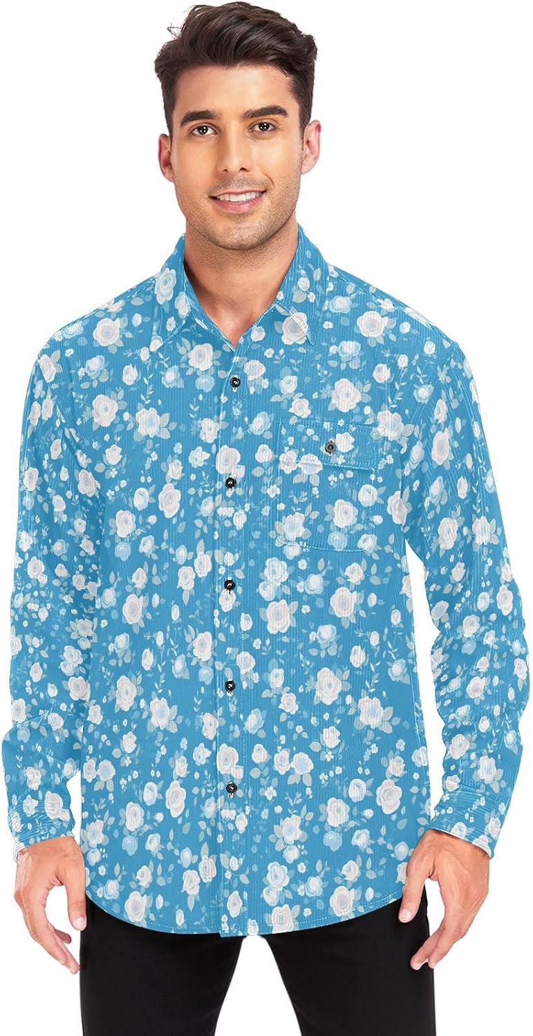 Blue Color Pattern Roses Men Women Slim Fit Rugby Shirts Outdoor Long Sleeve Business Work Tops