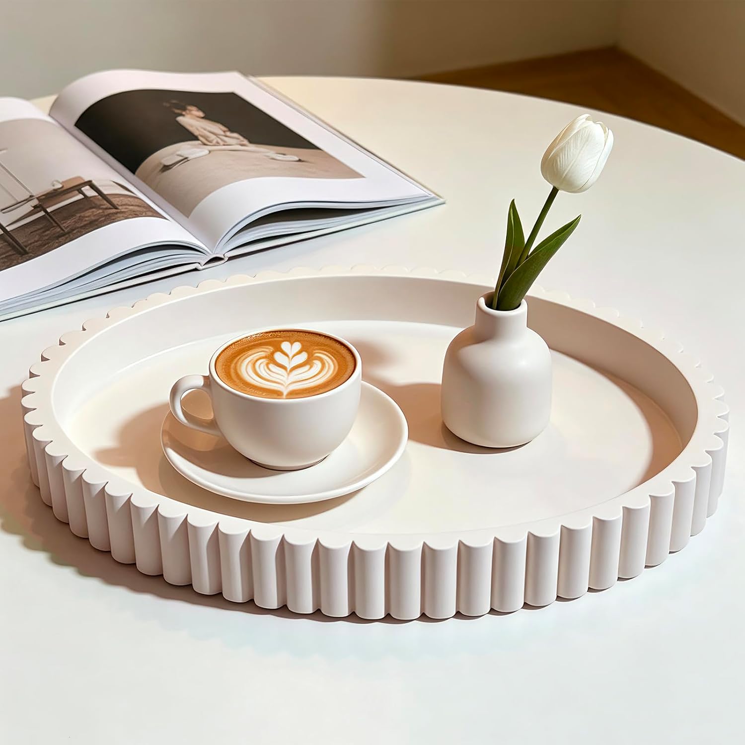 Coffee Table Tray, Large 13"×9.5" Oval Fluted Concrete Tray, Cream Decorative Serving Tray, Home Décor Accent for Ottoman, Kitchen Island & Dining Table Centerpiece