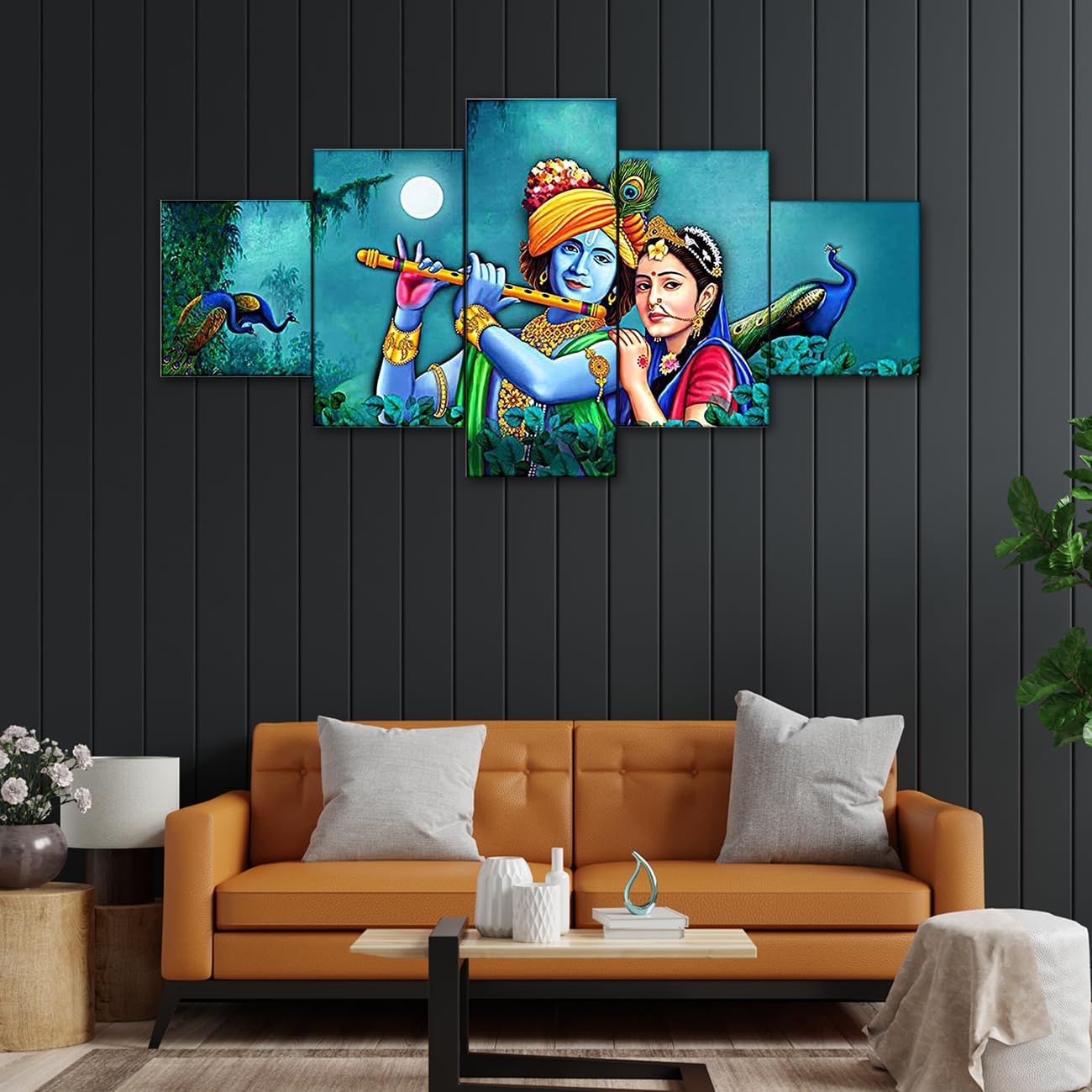 perpetual Radha Krishna 3D Scenery Wall Painting Set of 5 | Painting For Wall Decoration | Large Framed Wall Decor for Living Room, Office (75 x 43 cm) K8Md - Wood