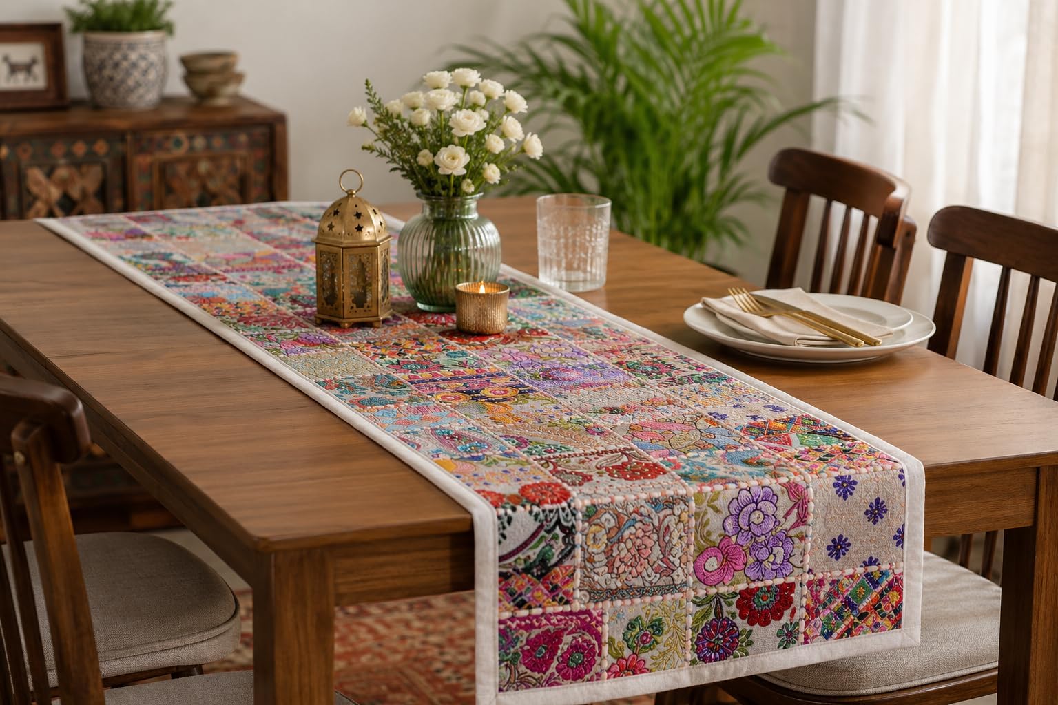 Rajwada Fashion Handmade Cotton Patchwork Table Runner, 60 x 15 Inches, Embroidered Indian Ethnic Table Runner, Decorative Dining Table Runner for Kitchen, Coffee Table, Console and Home Dรฉcor, White