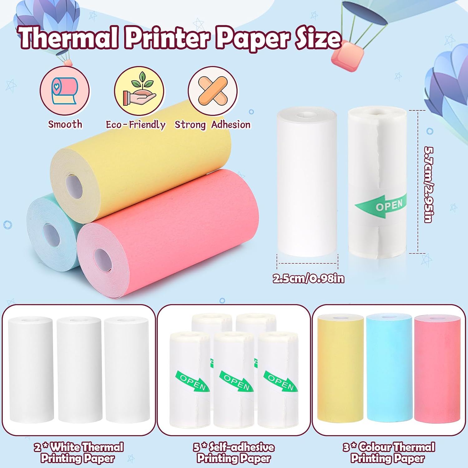 10 Rolls Mini Printer Paper - 5 Thermal Sticky & 5 Plain, 57X25mm for Inkless Printer, Notes, Journal, Memo, Photo, Study - Image 2