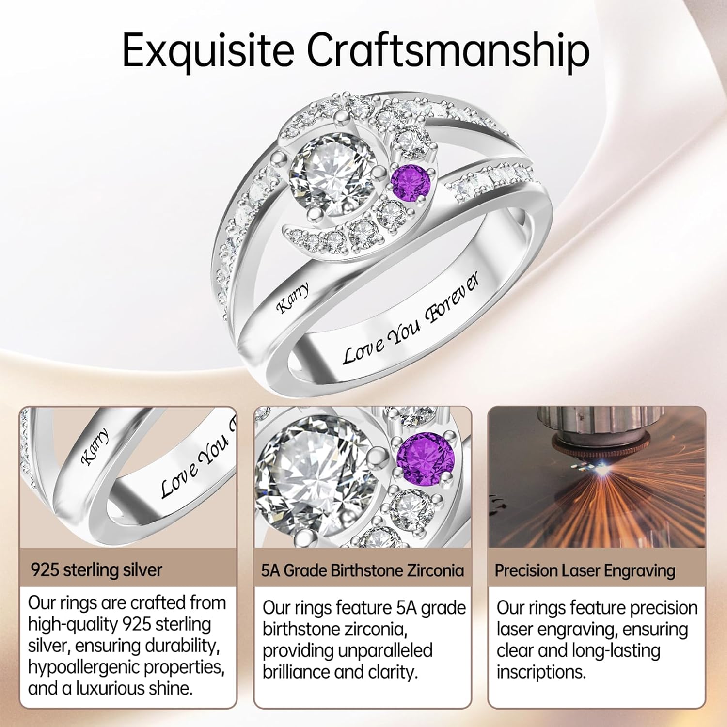 Personalized Name Ring with Birthstones Customized Mothers Ring with Names Sterling Silver Promise Ring Jewelry Gift for Women Wife Daughters Birthday Christmas