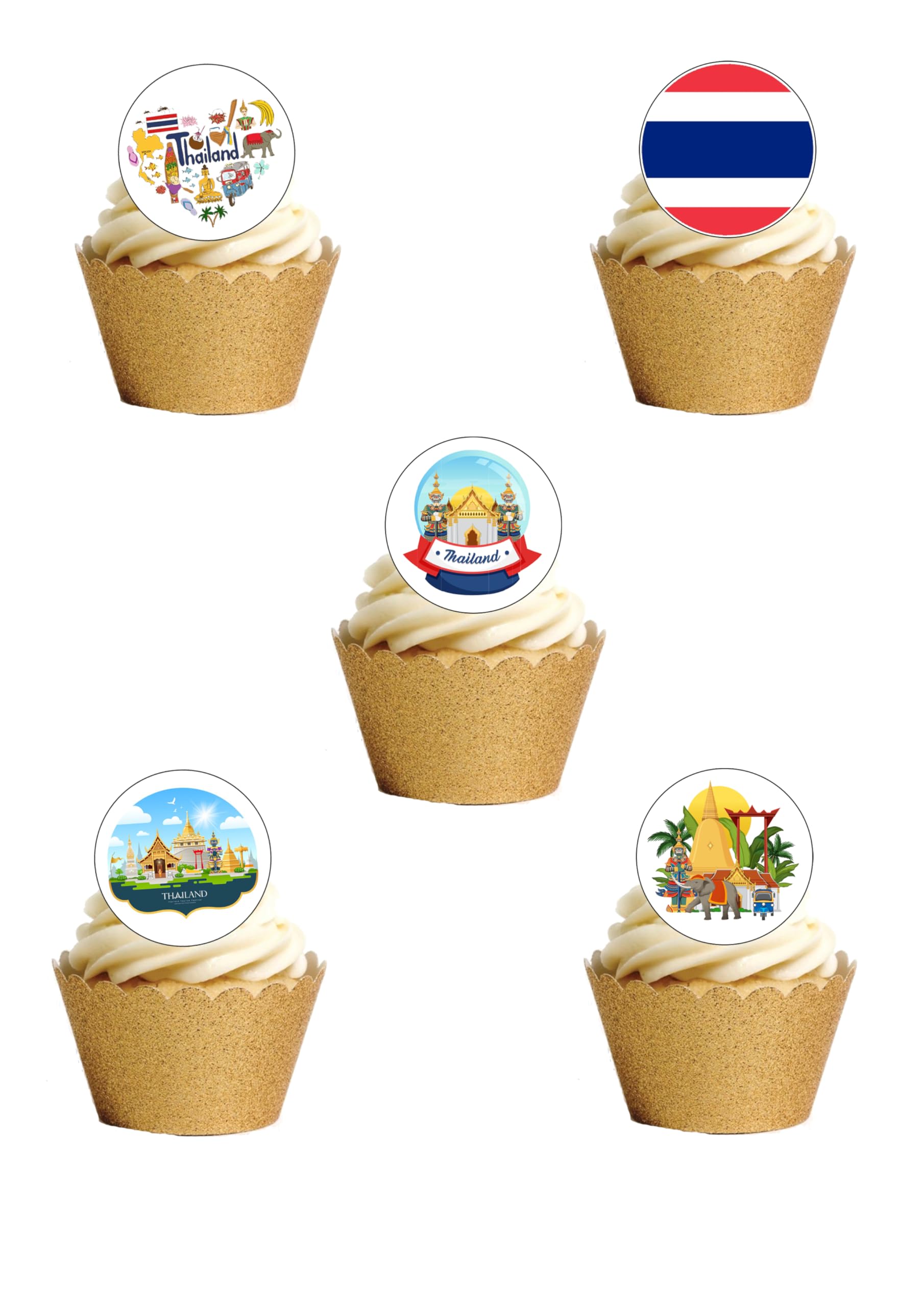 24 Pre-Cut Thailand Asia Themed Edible Wafer Paper Cake Toppers Decorations