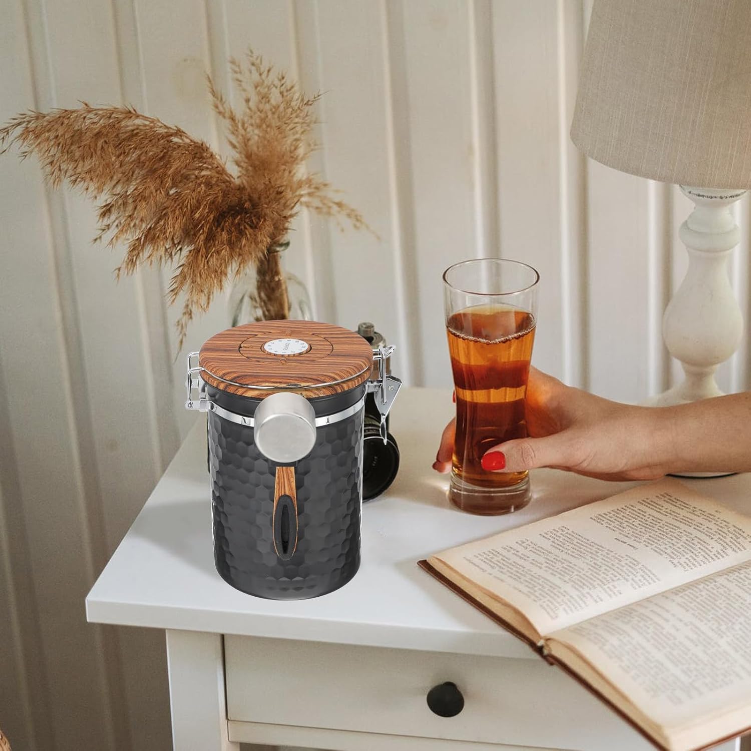 Airtight Stainless Steel Coffee Canister with Sealed Lid and Spoon for Dried Food Storage Space-saving Container for Coffee Beans Tea Nuts Bulk Foods Black Finish