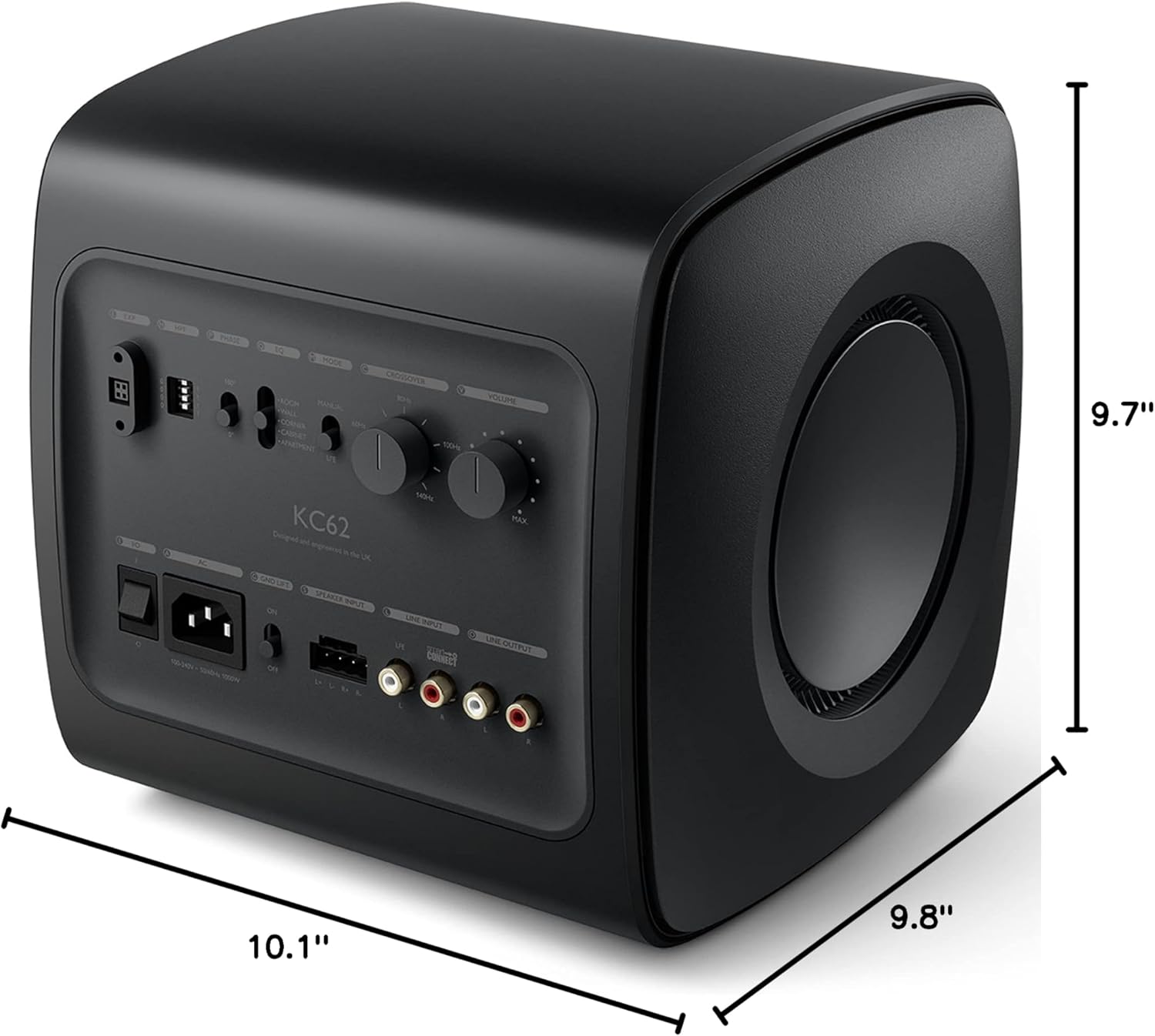 KEF KC62 Subwoofer with dimensions labeled: 9.7 inches height, 10.1 inches width, 9.8 inches depth.
