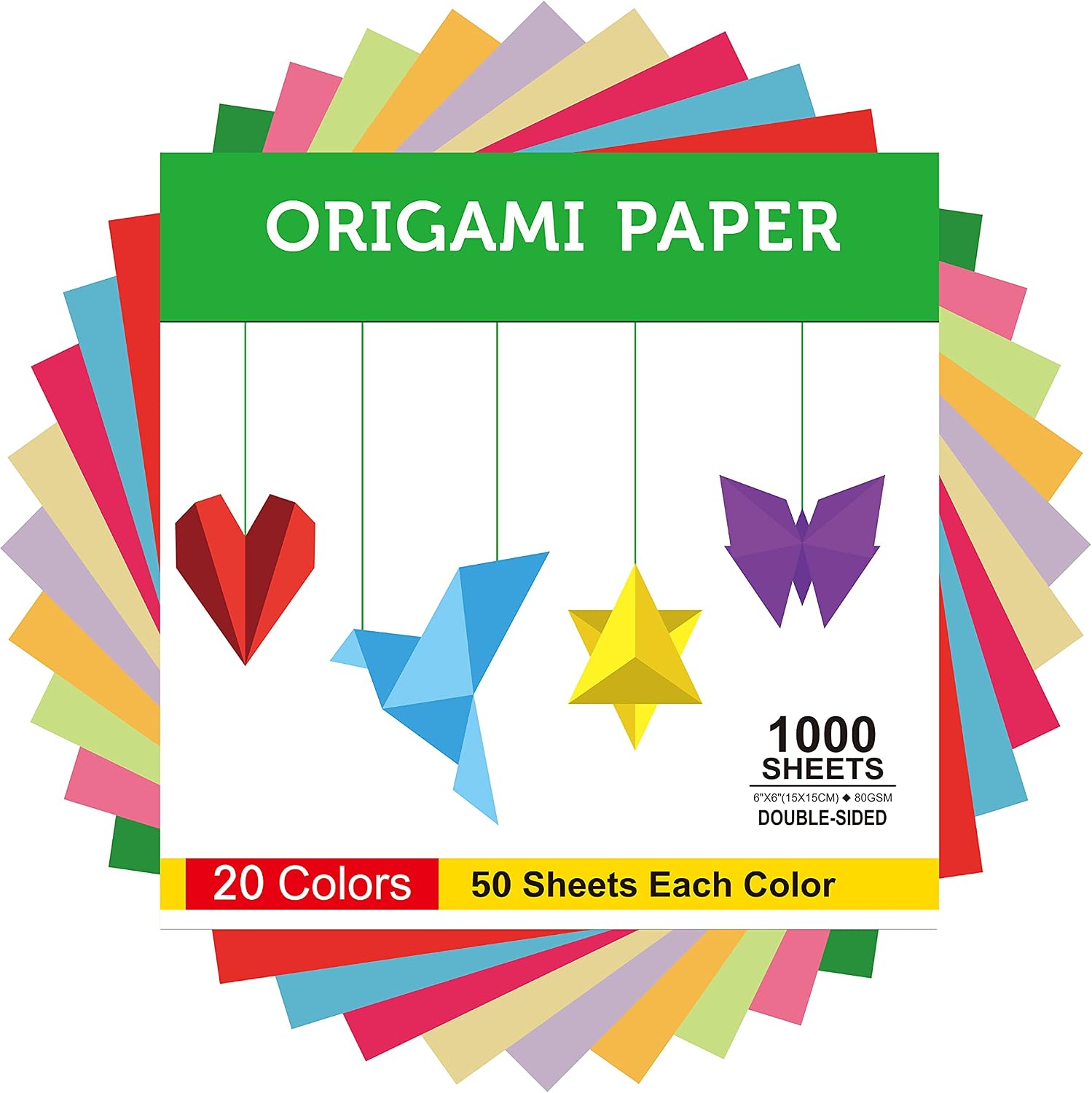 BUBU Origami Paper Kit 1000 Sheets 6 Inch Square Double Sided Color 20 Vivid Colors for Beginners Trainning and School Craft Lessons
