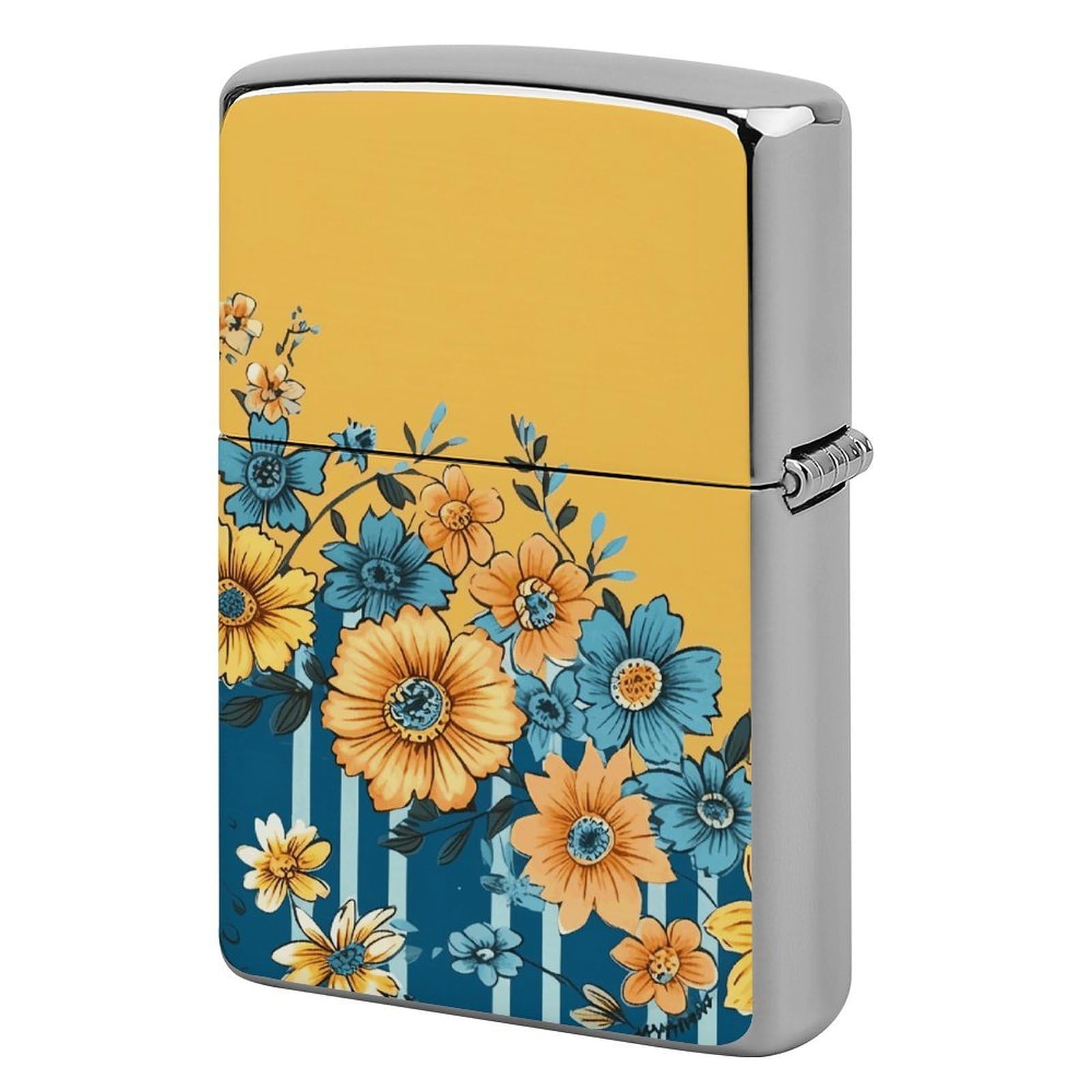 Yellow and Blue Floral Lighter Case Cover Vintage Metal Lighter Sleeve Reusable Lighter Protective Cover Decorative Lighter Holder Birthday Gifts for Men Women