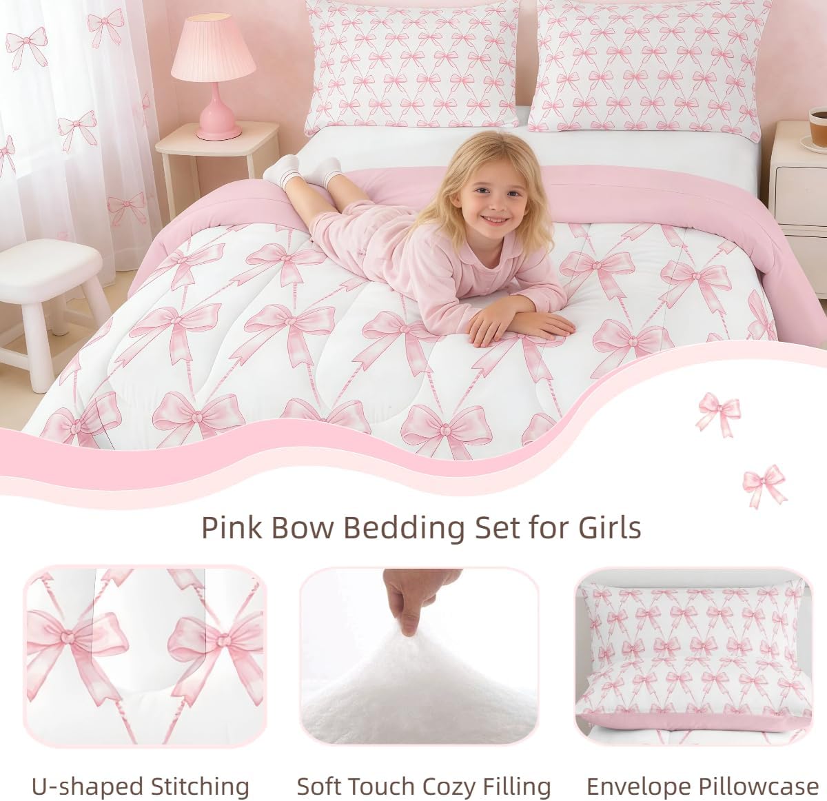 Feelyou Pink Bow Bedding Set Full Size Pink Girls Bow Comforter Set for Kids Women Ultra Soft Cute Bowknot Comforter Kawaii Princess Room Decor Bow and Stripes Quilt, 2 Pillowcase