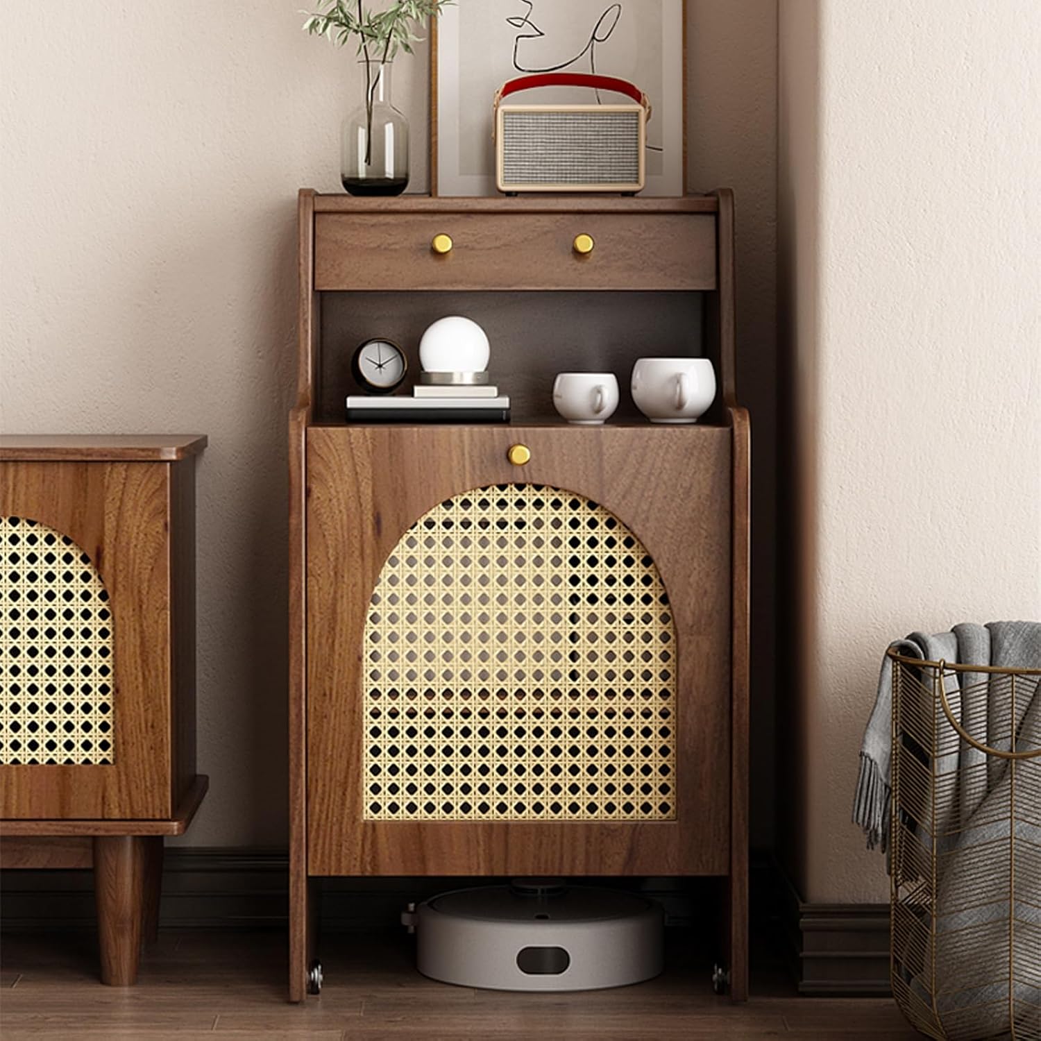 HARELA Robot Vacuum Stand Cabinet, Sweeping Robot Storage Rack with Doors and Drawer, Multi Tier End Table for Living Room Dining Room Kitchen Home Office(Black,19.7x17.7x35.4in)