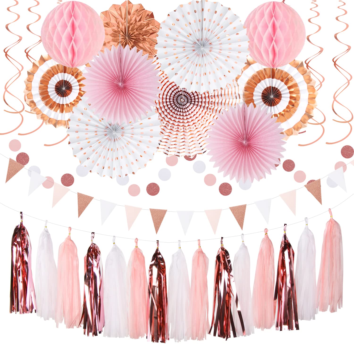 Rose-Gold Pink-White Graduation Party-Decorations - 33pcs Banner,Streamers Tassel Garland,Tissue Pom Poms Honeycomb,Paper Lantern Fan,Birthday Wedding