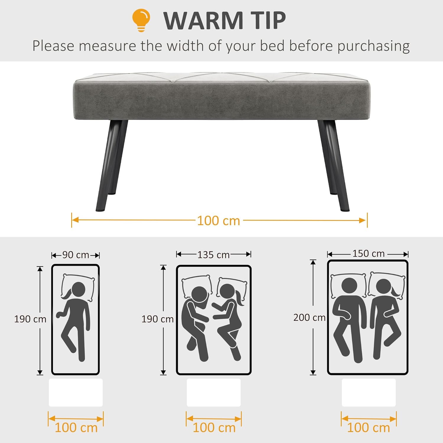 Diagram illustrating the bench dimensions (100 cm length) and how to measure bed width for compatibility with single, double, and queen size beds.
