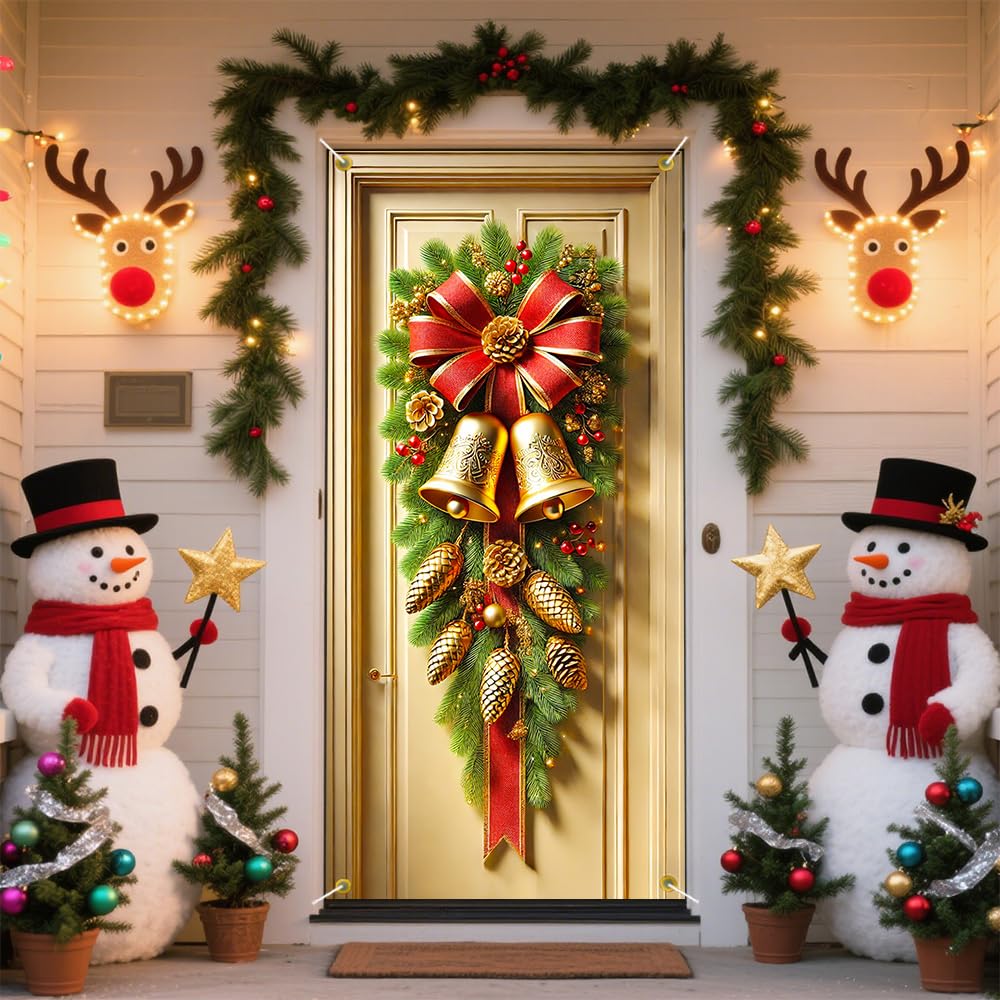 Vertical Pine Swag Door Cover, Red Bow Gold Bell Christmas Front Door Decorations, Pine Cone Holiday Door Banner, Tall Winter Home Entrance Decor, 35.43 x 70.87 Inch