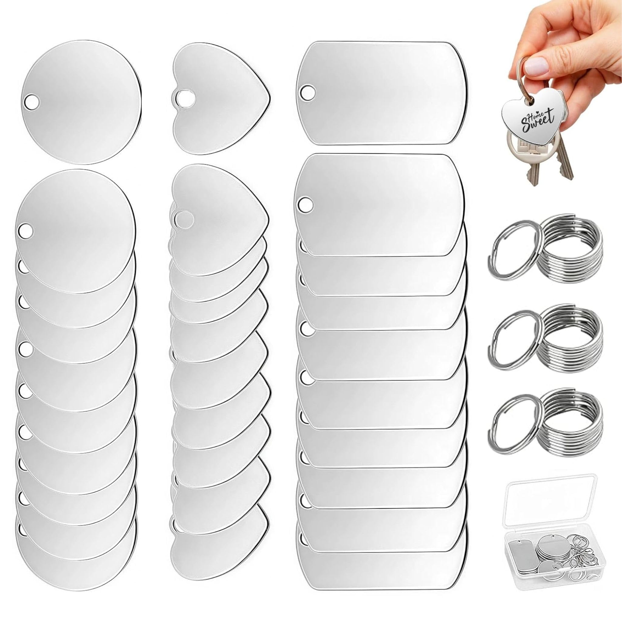 30Pcs Keyring Blanks Round Rectangular Heart Stainless Steel Engraving Set