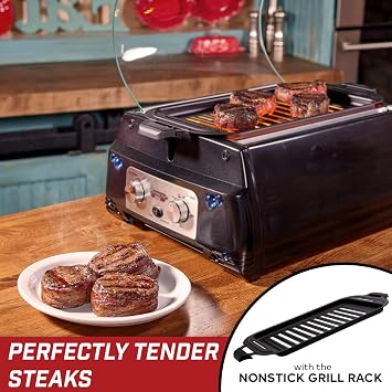 Kitchen Chef Indoor Smokeless Rotisserie Grill Large Capacity Multi Functional Stainless Steel Construction Auto Shut Off Flameless Infrared Heating Technology Tempered Glass Lid And Drip Tray Black