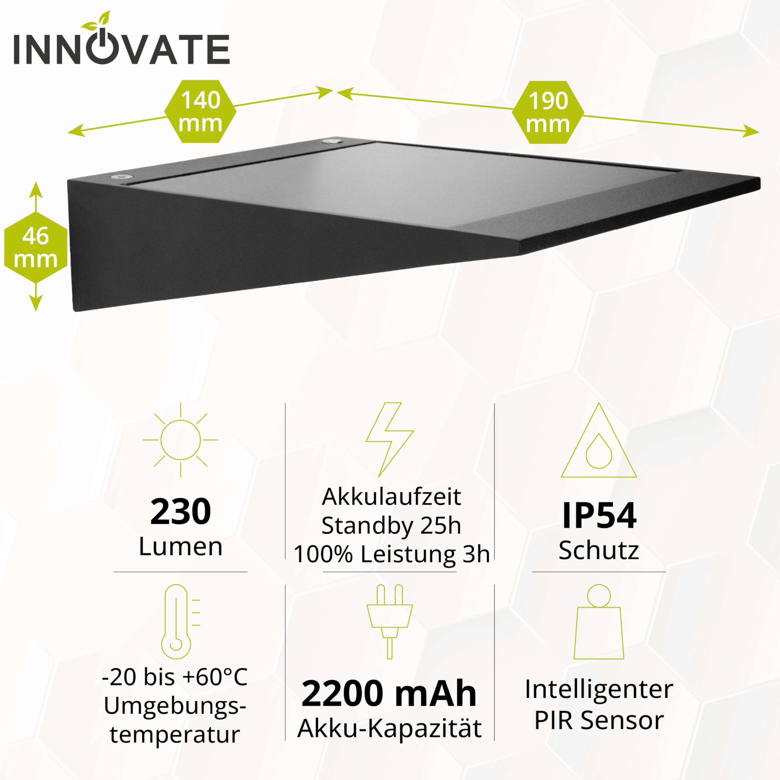 INNOVATE LED Aussenlampe mit Bewegungsmelder Solar PIR-Sensor [2W IP54 3000K] Solarlampen für Außen Mit Bewegungsmelder I LED Solarleuchten für Aussen I Aussenbeleuchtung Aussenlampe