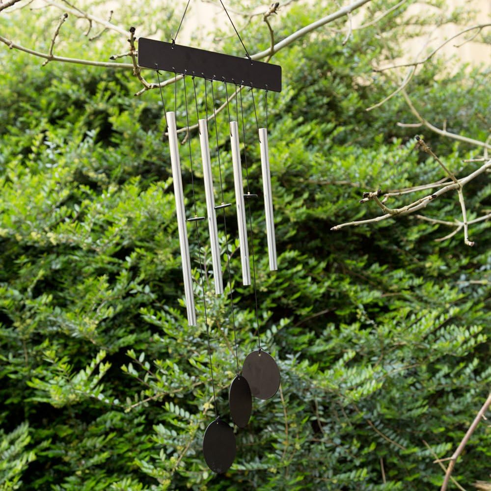 Outdoor Garden Hanging Wind Chime - Modern Flat Metal Chrome & Black - 4 Tubes