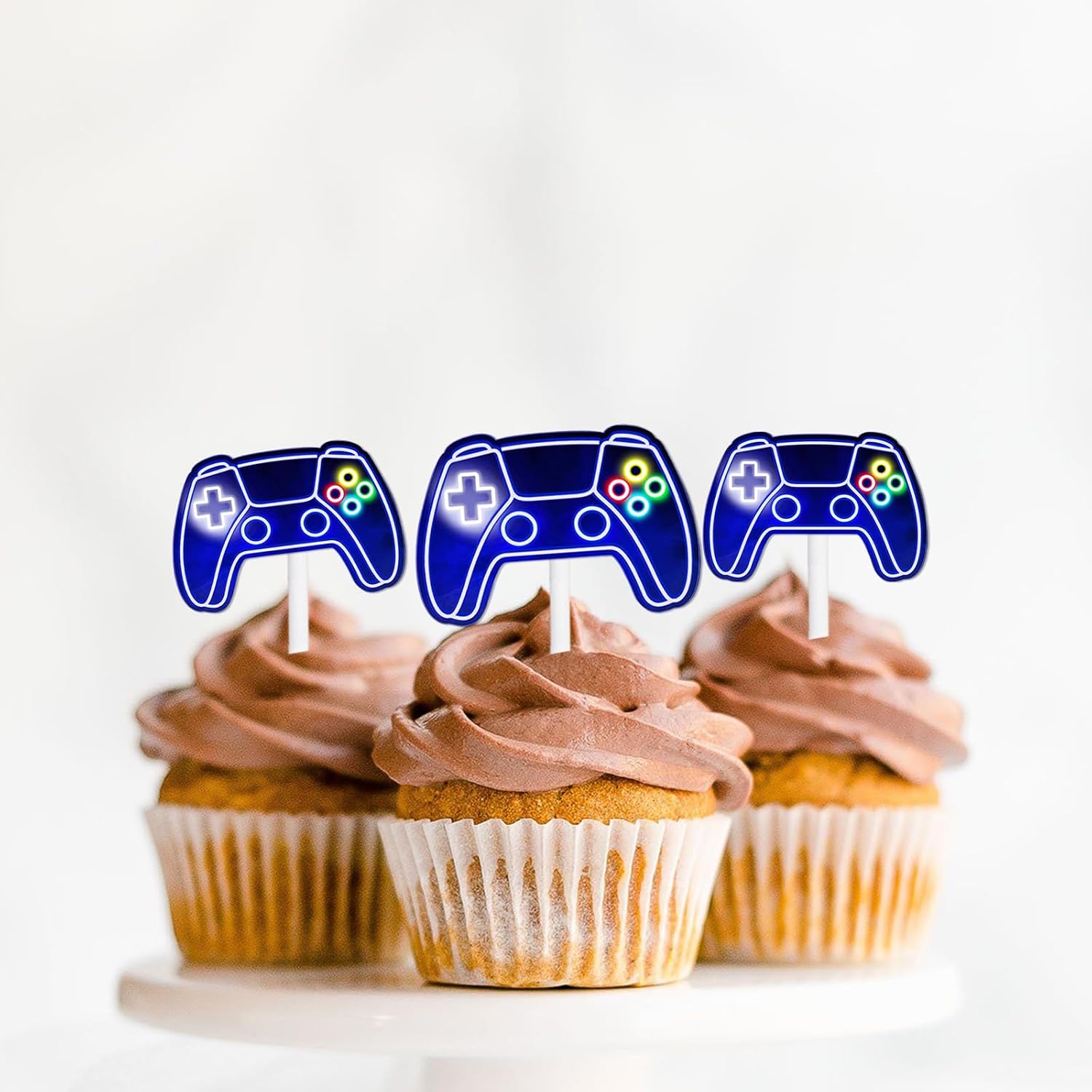 18pcs Blue Glitter Video Game Console Dessert Cupcake Topper Play Gaming Esports Party Theme Decor Supplies Boys Girls Hapy Birthday Party Decoration
