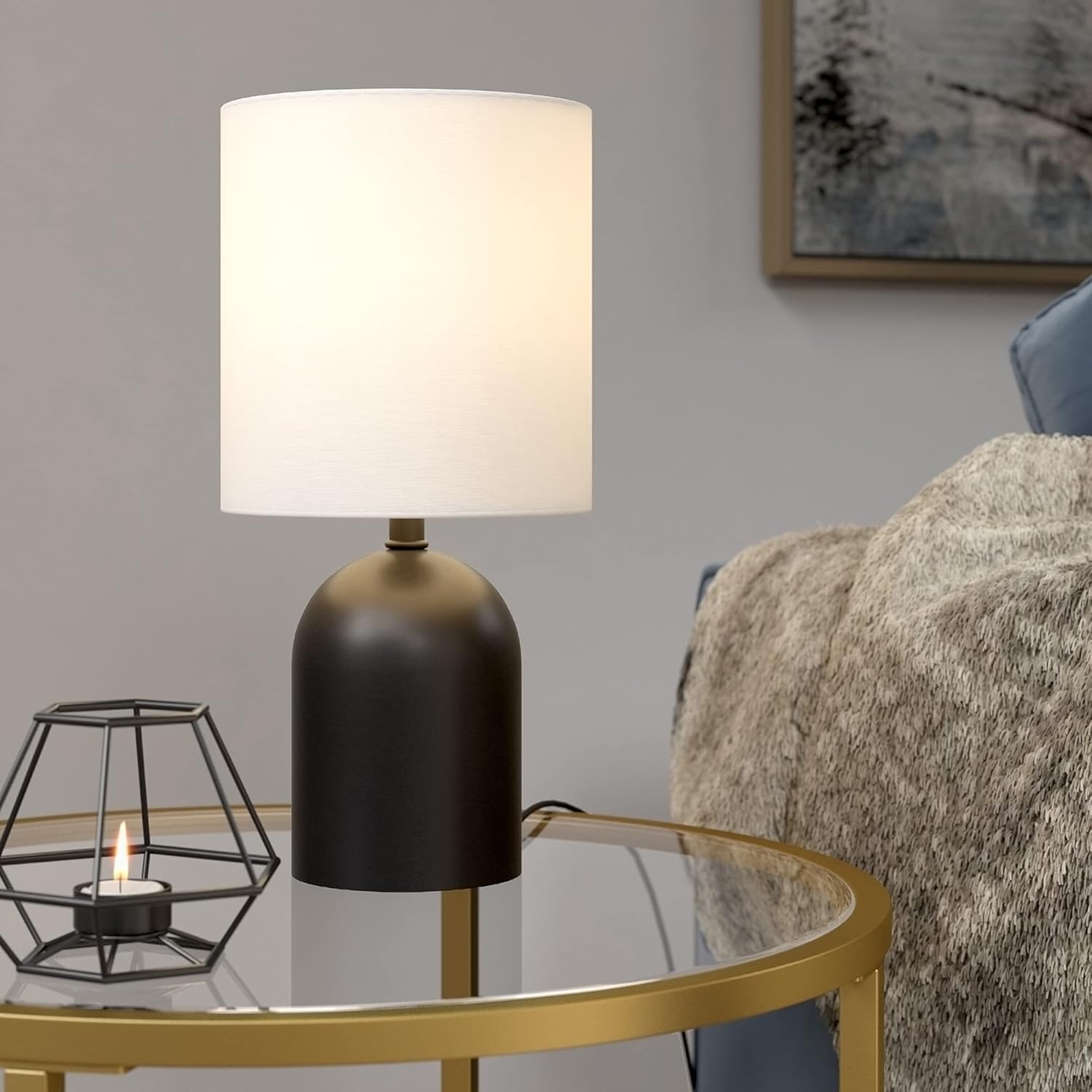 Brass Mini Table Lamp with White Linen Shade