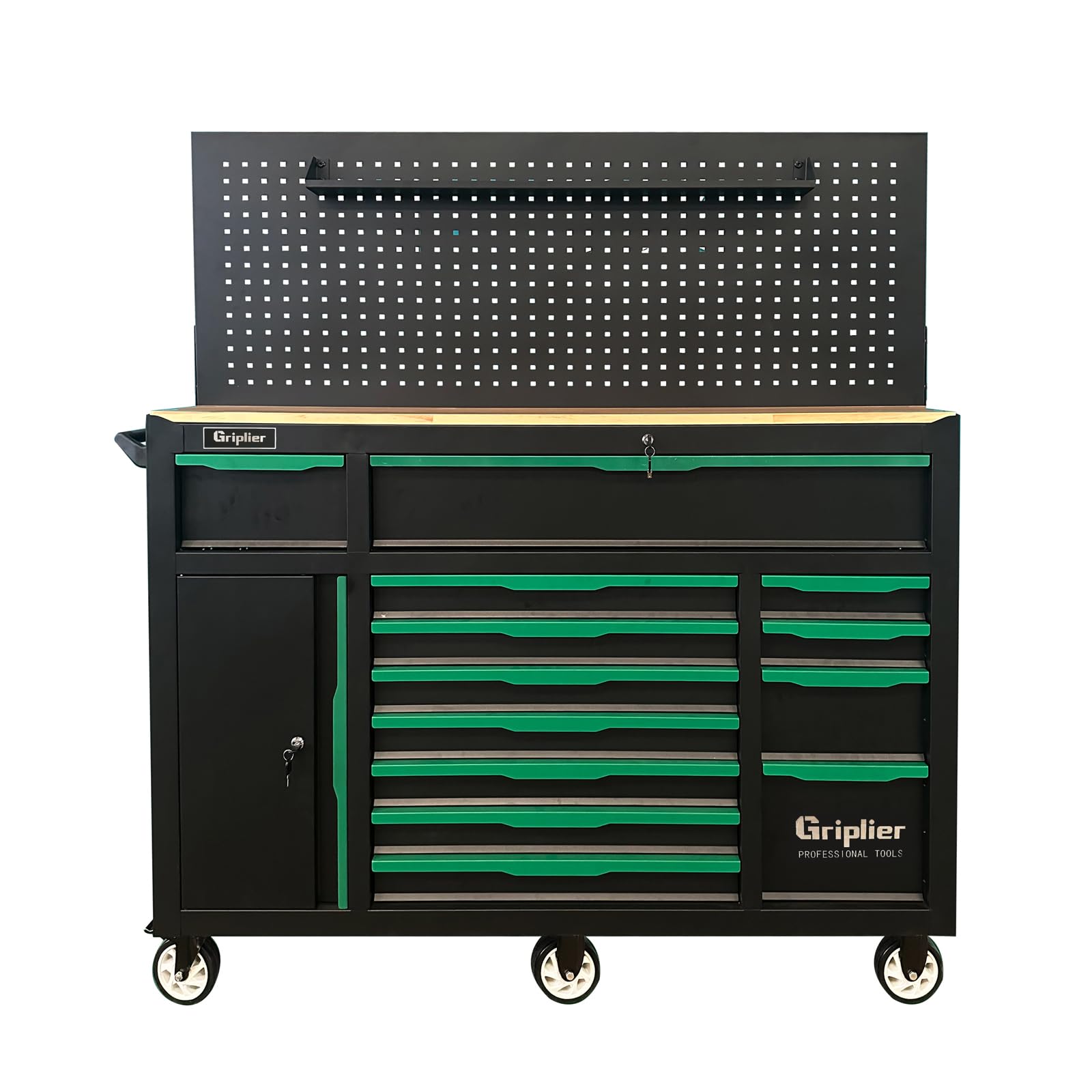 Griplier 13-Drawers Rolling Tool Cabinet with Wood Workbench,Pegboard,Heavy-Duty Steel Tool Storage with Lock & Key for Home,Garbge or Workshop Use