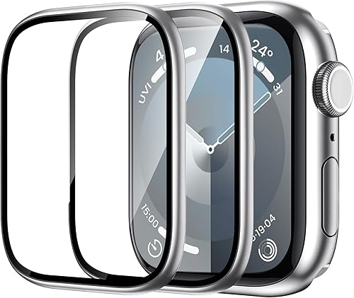 WSKEN Protector de pantalla para Apple Watch de 1.772 pulgadas Series 9, 8, 7, marco de aleación de titanio + vidrio templado 9H, mantiene el