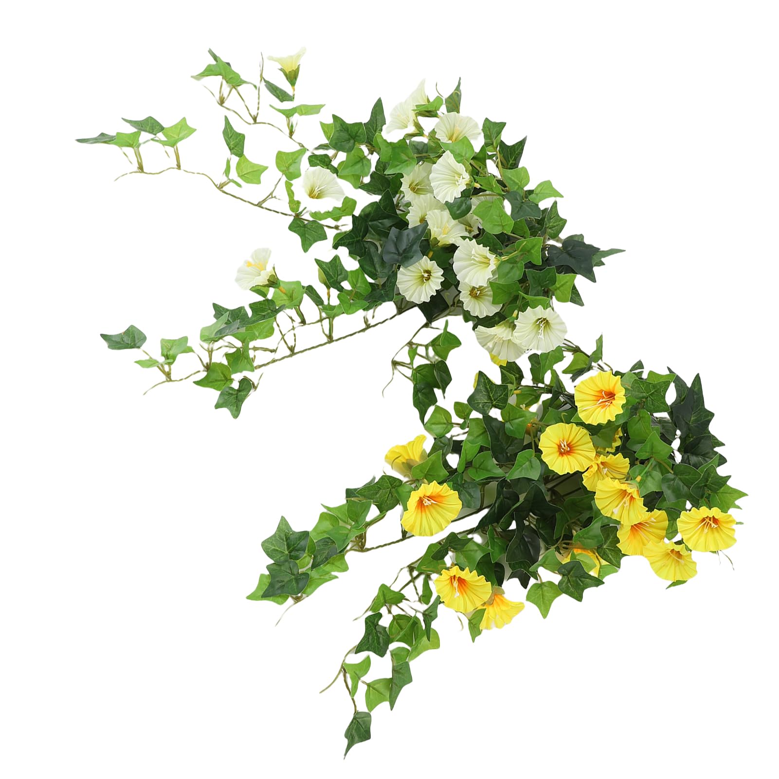 Cocoarm Sztuczna Girlanda z Kwiatów Tkanina i Plastik Sztuczna Wisząca Morning Glory 50 Cm Gradalne Płatki Kształtowane Winorośle na Wesele Patio Balkon Dekoracja ścienna (Biało żółty)